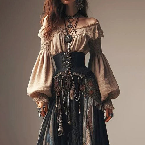 Women's Solid Color Off-Shoulder Bell Sleeve Blouse Elegant Ruffled Vintage Top With Lace Embroidery Fashion Shirt