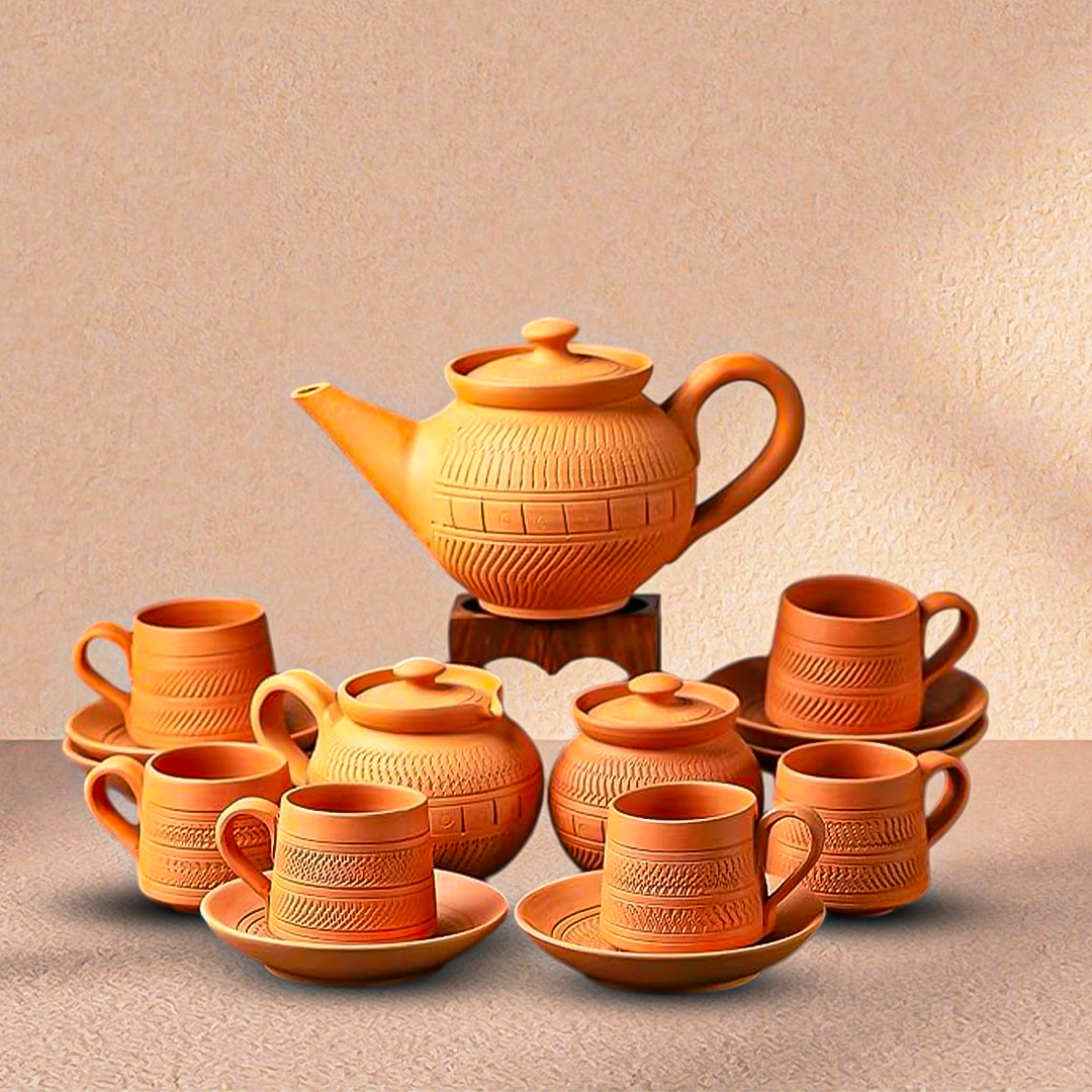 Handcrafted Terracotta Tea Cup Set with Jar | Natural Clay Kulhad-Style Tea Set
